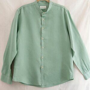Mens Long Sleeve Green Cotton Linen Button Up Shirt Mandarin Collar Size Large